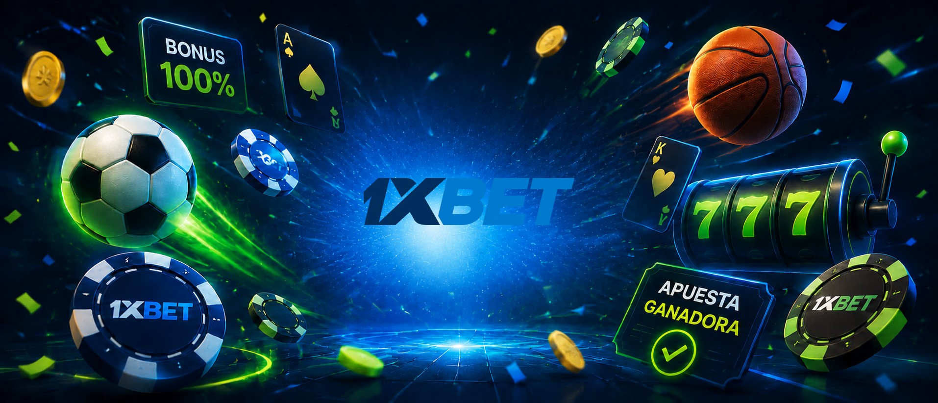 Fichas de casino, balones de fútbol y baloncesto flotando junto al logo de 1xBet, representando depósitos y apuestas