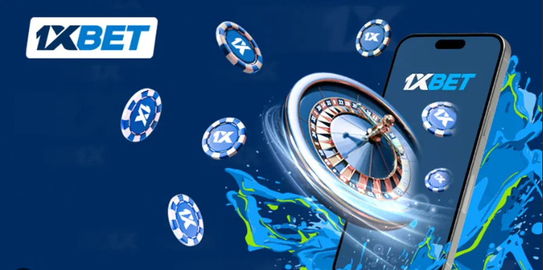 Ruleta de casino en 3D junto a un teléfono con la app de 1xBet abierta