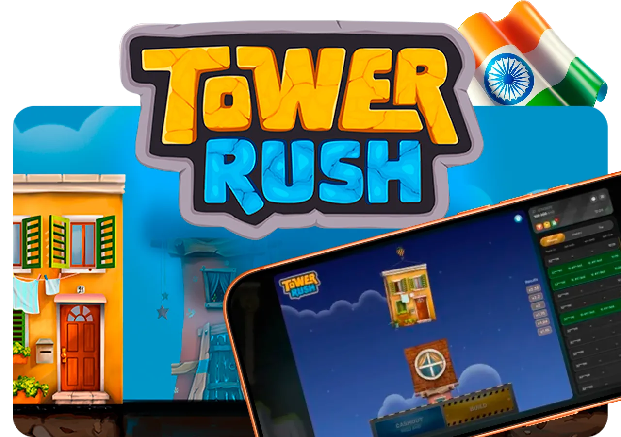 Logotipo del juego Tower Rush, con una torre de edificios